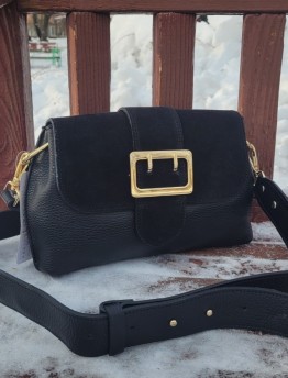Сумка женская из натуральной кожи через плечо Genuine Leather чёрная с пряшкой